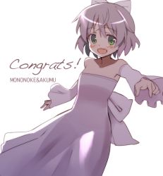 Rule 34 | 1girl, alternate costume, bare shoulders, blush, bow, collarbone, congratulations, detached sleeves, dress, glastonbury1966, green eyes, hair bow, long sleeves, open mouth, sanya v. litvyak, short hair, silver hair, simple background, solo, strapless, strapless dress, strike witches, white background, white bow, white dress, world witches series