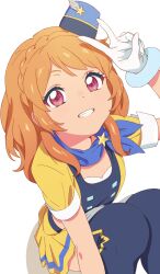 Rule 34 | 1girl, aikatsu! (series), blue neckerchief, blue thighhighs, braid, commentary, dot nose, from above, gloves, grin, hand up, hat, highres, knees up, long hair, looking at viewer, looking up, neckerchief, orange eyes, ozora akari, red eyes, semham, shirt, short sleeves, sidelocks, simple background, sitting, skirt, smile, solo, symbol-only commentary, teeth, thighhighs, v, white background, white gloves, yellow shirt, yellow skirt