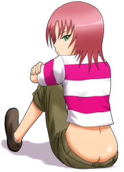Rule 34 | 00s, 1girl, artist request, ass, butt crack, from behind, green eyes, juliet nao zhang, looking at viewer, looking back, my-otome, red hair, shirt, sitting, solo, striped clothes, striped shirt