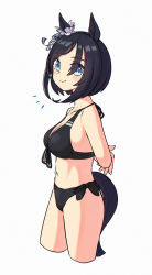 Rule 34 | 1girl, absurdres, animal ears, appleq, arms behind back, asymmetrical bangs, bikini, black bikini, black hair, blue eyes, blush, breasts, cleavage, closed mouth, cropped legs, eishin flash (umamusume), front-tie bikini top, front-tie top, grey background, halterneck, highres, horse ears, horse girl, horse tail, looking at viewer, medium breasts, navel, notice lines, simple background, smile, solo, swimsuit, tail, umamusume