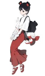 Rule 34 | 1girl, animal bag, archaic japanese text, bag, black eyes, black hair, closed mouth, dress shirt, earrings, hair between eyes, highres, jewelry, light smile, long skirt, looking to the side, mizumi zumi, original, own hands together, red skirt, shirt, short hair, short sleeves, simple background, skirt, smile, solo, standing, white background, white shirt