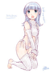 Rule 34 | 1girl, cable knit, character name, commentary request, cropped sweater, detached sleeves, eyes visible through hair, full body, garter straps, green eyes, grey hair, hatsukaze (kancolle), kantai collection, kneeling, koshigaya tatsumi, leggings, long hair, meme attire, one-hour drawing challenge, open mouth, panties, ribbed legwear, ribbed panties, ribbed sleeves, ribbed sweater, ribbed thighhighs, side-tie panties, sleeveless, sleeveless sweater, sleeveless turtleneck, solo, sweater, translation request, turtleneck, turtleneck sweater, underwear, virgin destroyer sweater, white garter straps, white panties, white sweater