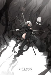 Rule 34 | bandages, bandages over eyes, black dress, black gloves, black legwear, boots, breasts, chinese robot kid, cleavage, dress, gloves, highres, nier (series), nier:automata, robot, sword, thigh boots, thighhighs, thighs, weapon, white hair, white sleeves, 2b (nier:automata)
