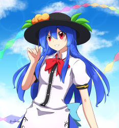 Rule 34 | 1girl, absurdres, apron, back bow, black headwear, blue bow, blue hair, blue skirt, blue sky, bow, bowtie, breasts, center frills, collared shirt, commentary, day, food, frills, fruit, hat, highres, hinanawi tenshi, long hair, outdoors, peach hat ornament, puffy short sleeves, puffy sleeves, rakkidei, red bow, red bowtie, red eyes, shirt, short sleeves, skirt, sky, small breasts, sun hat, textless version, touhou, very long hair, waist apron, white apron, white shirt