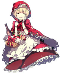 Rule 34 | 1girl, :d, ^ ^, absurdres, apple, apron, artist request, basket, blonde hair, bottle, bread, cape, character request, closed eyes, dress, food, fruit, gloves, hand on own cheek, hand on own face, hand to head, highres, hood, layered dress, little red riding hood, open mouth, red cape, red theme, short hair, simple background, smile, solo, white gloves