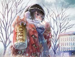 Rule 34 | 1girl, absurdres, bare tree, black hair, blue eyes, blush, cable knit, can, canned coffee, cloud, cloudy sky, coat, drink can, duffel coat, earmuffs, fingernails, highres, incoming drink, long fingernails, looking away, nervous, original, outdoors, sakura inu (itoyatomo), scarf, sky, sleeves past wrists, snow, snowing, solo, tree, vending machine, winter, winter clothes, winter coat