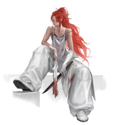 Rule 34 | 1girl, bare shoulders, blood, blood on clothes, bone, closed mouth, collarbone, gloves, goyoyoo, guro, holding, holding clothes, holding gloves, holding weapon, knife, long hair, original, ponytail, red eyes, red hair, sitting, smile, solo, very long hair, weapon, white gloves