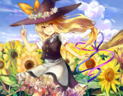 Rule 34 | 1girl, alternate hairstyle, apron, blonde hair, blue sky, bow, breasts, broom, cloud, cowboy shot, day, denchu (kazudentyu), dress, flower, frilled skirt, frills, garden of the sun, hat, hat bow, hat flower, kirisame marisa, long hair, looking at viewer, low ponytail, outdoors, pointing, pointing up, ponytail, short sleeves, skirt, sky, small breasts, solo, sunflower, touhou, very long hair, vest, waist apron, witch hat, wreath, yellow eyes