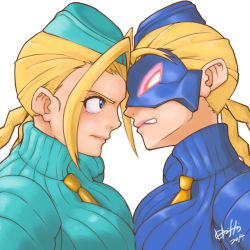 Rule 34 | 1990s (style), 2girls, ahoge, alternate costume, angry, antenna hair, beret, between breasts, blonde hair, blue eyes, blush, braid, breast press, breasts, cammy white, capcom, clenched teeth, decapre, eye contact, face-to-face, forehead-to-forehead, garrison cap, glowing, glowing eyes, hat, heads together, highres, hori shin, huge ahoge, leotard, long hair, look-alike, looking at another, mask, multiple girls, necktie, necktie between breasts, red eyes, retro artstyle, ribbed leotard, shadaloo dolls, shoulder pads, street fighter, street fighter iv (series), street fighter zero (series), symmetrical docking, teeth, twin braids