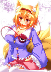Rule 34 | 1girl, animal ears, blonde hair, blouse, breasts, cleavage, cosplay, fox ears, fox tail, head tilt, headband, heart, impossible clothes, impossible shirt, komeiji satori, komeiji satori (cosplay), large breasts, long sleeves, looking at viewer, merry (diameri), multiple tails, open mouth, over-kneehighs, plant, shirt, short hair, sitting, skirt, snowflakes, solo, tail, thighhighs, third eye, touhou, vines, wariza, white background, white thighhighs, yakumo ran, yellow eyes, zettai ryouiki