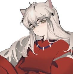 Rule 34 | 1boy, animal ears, bead necklace, beads, cbow, demon boy, dog ears, grey eyes, hair between eyes, hakama, highres, inuyasha, inuyasha (character), japanese clothes, jewelry, long hair, looking at viewer, male focus, necklace, pants, red hakama, red pants, red shirt, shirt, sidelocks, slit pupils, solo, upper body, white background, white hair