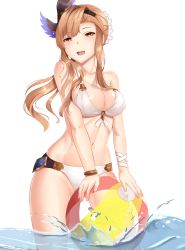 Rule 34 | 1girl, ball, beachball, blush, breasts, brown eyes, brown hair, cleavage, collarbone, granblue fantasy, highres, holding, holding ball, large breasts, long hair, looking at viewer, mengo, navel, parted lips, smile, solo, swimsuit, tweyen (eternal&#039;s summer vacation) (granblue fantasy), tweyen (granblue fantasy)
