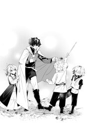 1girl 3boys aged_down astolfo_(fate) belt boots bradamante_(fate) cape cape_tug charlemagne_(fate) dress fang fate/grand_order fate_(series) highres holding holding_stick idass_(idass16) monochrome multiple_boys one_eye_closed roland_(fate) skin_fang stick