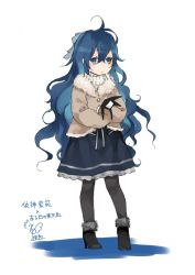 Rule 34 | 1girl, ahoge, alternate costume, black footwear, black pantyhose, blue eyes, blue hair, blue ribbon, blue skirt, blush, boots, brown jacket, casual, commentary request, contemporary, full body, fur-trimmed boots, fur trim, hair between eyes, hair ribbon, high heel boots, high heels, highres, holding, holding stuffed toy, jacket, long hair, long sleeves, pantyhose, petticoat, ribbon, signature, simple background, skirt, sleeves past fingers, sleeves past wrists, solo, standing, stuffed animal, stuffed cat, stuffed toy, touhou, toutenkou, translation request, turtleneck, very long hair, wavy hair, white background, yorigami shion