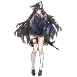 Rule 34 | 1girl, animal ear fluff, animal ears, assault rifle, black hair, blue sweater, blush, breasts, brown footwear, bullpup, cat ears, closed mouth, digital media player, earphones, finger to mouth, full body, girls&#039; frontline, grey scarf, gun, hair ornament, hat, holding, holding digital media player, kneehighs, large breasts, loafers, long hair, long sleeves, looking at viewer, media player interface, miniskirt, nishiro ryoujin, official alternate costume, official art, qbz-95, rifle, scarf, school uniform, shoes, shushing, skirt, smile, socks, solo, sweater, thigh strap, transparent background, type 95 (girls&#039; frontline), type 95 (pure white graduation) (girls&#039; frontline), very long hair, weapon, white hat, white socks, yellow eyes
