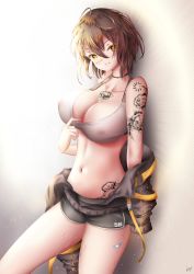 Rule 34 | 1girl, absurdres, arm tattoo, azur lane, bad id, bad pixiv id, baltimore (azur lane), baltimore (black ace) (azur lane), bandaid, bandaid on leg, bare shoulders, black choker, breasts, brown hair, chest tattoo, choker, cleavage, coat, covered erect nipples, cowboy shot, highres, kagi (dicedkey), large breasts, looking at viewer, medium hair, navel, off-shoulder jacket, off shoulder, open clothes, open coat, see-through, solo, sports bra, tattoo, thighs, white sports bra, yellow eyes