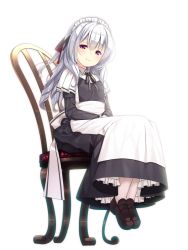 Rule 34 | 1girl, apron, black dress, brown footwear, chair, dress, full body, long hair, looking at viewer, maid, maid headdress, original, own hands together, red eyes, shoes, silver hair, simple background, sitting, smile, solo, thighhighs, usume shirou, white apron, white background, white thighhighs