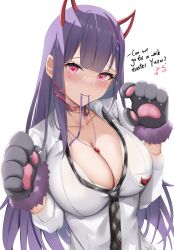 Rule 34 | 1girl, absurdres, akuma nihmune, akuma nihmune (1st costume), animal hands, black necktie, blush, breasts, choker, cleavage, commentary, demon horns, english commentary, english text, facial tattoo, fake horns, hair ornament, hairclip, heart, heart-shaped pupils, heart choker, heart tattoo, highres, holding, holding leash, horns, indie virtual youtuber, jewelry, large breasts, leash, long hair, looking at viewer, necklace, necktie, purple hair, red choker, red eyes, shirt, skai kun, symbol-shaped pupils, tattoo, virtual youtuber, white shirt