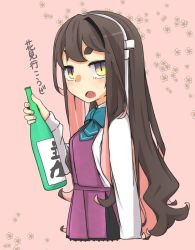 Rule 34 | 1girl, alcohol, black hair, blue bow, blue bowtie, bottle, bow, bowtie, commentary request, dress, fang, hair down, hairband, halterneck, highres, kantai collection, long hair, looking at viewer, macbail, multicolored hair, naganami (kancolle), naganami kai ni (kancolle), open mouth, pink background, pink hair, pleated dress, purple dress, sake, sake bottle, shirt, solo, thick eyebrows, translation request, wavy hair, white hairband, white shirt, yellow eyes