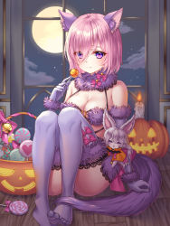 Rule 34 | 1girl, absurdres, animal ears, ass, bare shoulders, blush, breasts, candle, candy, cleavage, commentary request, elbow gloves, fang, fate/grand order, fate (series), fire, food, fou (fate), fur trim, gloves, hair over one eye, halloween, halloween costume, highres, holding, holding candy, holding food, holding lollipop, indoors, light purple hair, lollipop, looking at viewer, mash kyrielight, mash kyrielight (dangerous beast), medium breasts, moon, nowsicaa, official alternate costume, purple eyes, purple gloves, purple thighhighs, revealing clothes, short hair, sitting, smile, solo, tail, thighhighs, wolf ears, wolf tail