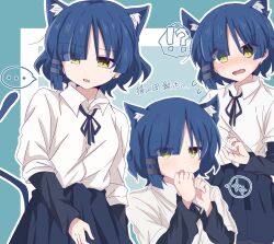 !? ... 1girl animal_ear_fluff animal_ears black_ribbon blue_hair blue_skirt blush bocchi_the_rock! cat_ears cat_girl cat_tail collared_shirt commentary_request fang flying_sweatdrops hair_ornament hair_over_eyes hairclip hands_up highres kemonomimi_mode long_sleeves mole mole_under_eye multiple_views neck_ribbon open_mouth ribbon shirt short_hair skin_fang skirt sparkling_eyes sweat tail torikoboshi translation_request white_shirt yamada_ryo yellow_eyes