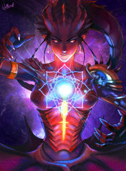 Rule 34 | 1girl, black hair, breasts, breasts apart, claws, colored sclera, dark background, dragon girl, dragon symmetra, earrings, energy ball, glowing, highres, hoop earrings, jewelry, looking at viewer, mechanical arms, monster girl, official alternate costume, overwatch, overwatch 1, pointy ears, red sclera, shoulder spikes, single mechanical arm, slit pupils, smile, solo, spikes, symmetra (overwatch), tentacle hair, upper body, wallace pires, yellow eyes