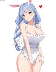 Rule 34 | 1girl, animal ear fluff, animal ears, apron, blue hair, braid, braided ponytail, breasts, cleavage, heart, highres, hololive, large breasts, long hair, looking at viewer, mature female, multicolored hair, naked apron, pekomama, rabbit ears, rabbit girl, red eyes, sharly, short eyebrows, solo, streaked hair, virtual youtuber, white apron, white background, white hair