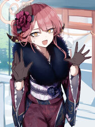 Rule 34 | 1girl, absurdres, aru (blue archive), aru (new year) (blue archive), blue archive, blush, brown gloves, brown horns, demon horns, fur-trimmed kimono, fur trim, gloves, halo, highres, horns, japanese clothes, kimono, long hair, long sleeves, obi, official alternate costume, open mouth, pink hair, pink halo, red kimono, sash, solo, sstthei, wide sleeves, yellow eyes