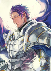 Rule 34 | 1boy, armor, blue cape, cape, fate/grand order, fate (series), fisheep, knight, lancelot (fate/grand order), looking at viewer, male focus, purple eyes, purple hair, signature, simple background, solo, white armor, white background
