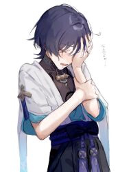 Rule 34 | 1boy, armor, auaua 0511, black shirt, black shorts, blue hair, closed eyes, commentary request, dark blue hair, eyeliner, eyeshadow, genshin impact, hakama, hakama shorts, hand on own face, japanese armor, japanese clothes, kote, kurokote, makeup, male focus, open mouth, red eyeliner, red eyeshadow, scaramouche (genshin impact), shirt, short hair, short sleeves, shorts, sigh, simple background, solo, two-tone vest, white background, wide sleeves