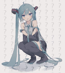 Rule 34 | ?, @ @, absurdly long hair, absurdres, aqua eyes, aqua hair, aqua necktie, bare shoulders, black footwear, black skirt, black sleeves, blush, boots, breasts, chestnut mouth, commentary, confused, crossed arms, detached sleeves, embarrassed, full body, grey background, grey shirt, hatsune miku, highres, long hair, looking at viewer, medium breasts, necktie, open mouth, otintin, pleated skirt, shadow, shirt, simple background, skirt, squatting, sweat, symbol-only commentary, thigh boots, twintails, very long hair, vocaloid