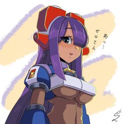 Rule 34 | 1girl, android, arched back, bad id, bad pixiv id, blush, bodysuit, breasts, capcom, dark-skinned female, dark skin, dated, fringe trim, hair over eyes, hair over one eye, headgear, highres, japanese text, large breasts, layer (mega man), long hair, looking at viewer, looking to the side, mega man (series), mega man x8, mega man x (series), purple hair, robot ears, sidelocks, signature, solo, sumomo, text focus, underboob, upper body