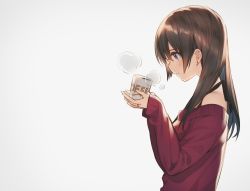 Rule 34 | 1girl, bare shoulders, black hair, blush, closed mouth, coffee, commentary request, crying, crying with eyes open, cup, earrings, grey background, hair between eyes, holding, holding cup, jewelry, kurokuma (kuro kumagaya), long hair, long sleeves, looking away, off-shoulder sweater, off shoulder, original, profile, purple eyes, red sweater, ring, simple background, sleeves past wrists, solo, steam, stud earrings, sweater, tears, upper body
