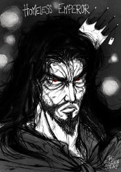 Rule 34 | 1boy, artist name, beard, character name, commentary, crown, english commentary, facial hair, greyscale, highres, homeless emperor, long hair, looking at viewer, male focus, mini crown, monochrome, one-punch man, portrait, red eyes, sanpaku, solo, spot color, the golden smurf