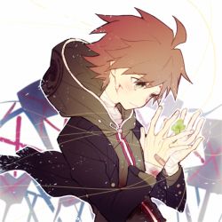 Rule 34 | 1boy, ahoge, bandaged arm, bandaged hand, bandaged neck, bandages, black jacket, blood, brown hair, closed mouth, clothes lift, clover, commentary request, danganronpa: trigger happy havoc, danganronpa (series), flower, four-leaf clover, green hoodie, hood, hoodie, injury, jacket, jacket lift, long sleeves, looking down, male focus, mayer, naegi makoto, partial commentary, short hair, solo, upper body