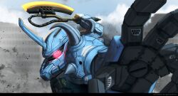 Rule 34 | axe, blurry, blurry background, building, city, commentary, day, dust cloud, foreshortening, glowing, glowing eye, gouf, gundam, haonfest, heat hawk, highres, holding, holding axe, holding weapon, horns, looking at viewer, mecha, meme, mobile suit, mobile suit gundam, no humans, one-eyed, open hand, outdoors, outstretched arms, pepe punch (meme), red eyes, robot, science fiction, shoulder spikes, single horn, spikes, spread arms, twitter username, upper body, weapon, zeon