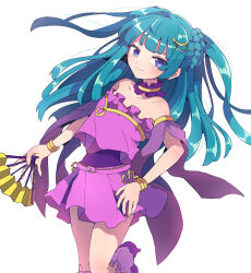 Rule 34 | 1girl, bare shoulders, blue eyes, blue hair, blunt bangs, blunt ends, blush, bracelet, closed mouth, covered navel, crop top, detached collar, detached sleeves, folding fan, hand fan, highres, holding, holding fan, idol clothes, jewelry, long hair, looking at viewer, nojima minami, pink skirt, pretty series, pripara, purple footwear, purple sleeves, simple background, skirt, smile, solo, standing, standing on one leg, tsukikawa chili, two side up, white background