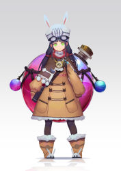 Rule 34 | 1girl, absurdres, animal ears, animal hat, black hair, black legwear, blunt bangs, boots, brown coat, brown footwear, bunny-shaped buttons, buttons, character request, clock, coat, copyright request, fps, full body, fur-trimmed boots, fur-trimmed coat, fur trim, goggles, goggles on head, gradient background, green eyes, hat, highres, long hair, long sleeves, looking at viewer, low twintails, pocket, pom pom (clothes), puffy long sleeves, puffy sleeves, rabbit ears, red scarf, reflection, roman numeral, rope, scarf, silver background, smile, solo, standing, test tube, twintails, vial, white hat