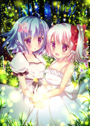 Rule 34 | 2girls, alternate costume, bad id, bad pixiv id, bare arms, bare shoulders, bat wings, blonde hair, blue hair, blush, bow, dress, fireflies, flandre scarlet, flower, forest, glowing, grass, hair bow, hair flower, hair ornament, multiple girls, nature, open mouth, pink eyes, puffy short sleeves, puffy sleeves, remilia scarlet, rika-tan (rikatantan), sash, short sleeves, siblings, side ponytail, sisters, sleeveless, sleeveless dress, smile, sundress, touhou, white background, wings