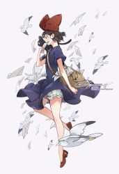 Rule 34 | 1girl, bag, bird, black cat, black hair, bloomers, blue dress, bow, cat, dress, flat chest, full body, hair bow, hairband, high heels, holding, holding letter, ippus, jiji (majo no takkyuubin), kiki (majo no takkyuubin), leg up, letter, long dress, majo no takkyuubin, messenger bag, pumps, red bow, red footwear, red hairband, seagull, short hair, shoulder bag, signature, simple background, solo focus, underwear, wind, wind lift
