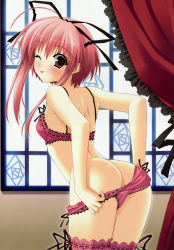 Rule 34 | 1girl, :p, absurdres, ass, back, blush, curtains, frilled thighhighs, frills, fujisaki amane, hair ribbon, highres, lingerie, one eye closed, panties, panty pull, pink eyes, pink hair, ribbon, scan, short hair, short hair with long locks, solo, stellar theater, suzuhira hiro, thighhighs, tongue, tongue out, underwear, undressing, window, wink