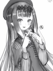 Rule 34 | 1girl, :d, crossed fingers, dress, fang, greyscale, hairband, hands up, hat, highres, hololive, hololive english, long hair, long sleeves, looking at viewer, monochrome, nanashi (nlo), ninomae ina&#039;nis, ninomae ina&#039;nis (casual), open mouth, simple background, skin fang, smile, solo, tentacle hair, virtual youtuber, white background
