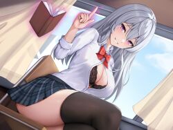 Rule 34 | 1girl, absurdres, black bra, black thighhighs, blue skirt, blush, book, bra, breasts, chair, classroom, cleavage, collared shirt, crossed legs, day, desk, floating, floating book, floating object, grey hair, grin, hair between eyes, highres, index finger raised, indoors, lace, lace-trimmed bra, lace trim, large breasts, long hair, looking at viewer, magic, non-web source, open clothes, open shirt, original, plaid, plaid skirt, pleated skirt, purple eyes, renetan, school chair, school desk, school uniform, shirt, sidelocks, sitting, skirt, sky, smile, solo, thighhighs, thighs, underwear, white shirt, window