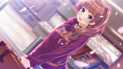 Rule 34 | 1girl, :o, bag, blue eyes, blurry, blurry background, blush, breasts, brown hair, eyebrows hidden by hair, falling petals, game cg, happy, highres, holding, holding bag, hood, hoodie, legs, long hair, looking at viewer, medium breasts, open mouth, original, outdoors, petals, side ponytail, smile, standing, tachibanaki riho, thighs, uchi no imouto, yamakaze ran