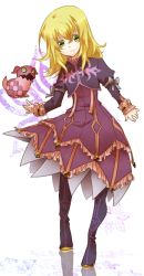 Rule 34 | 1girl, bad id, bad pixiv id, blonde hair, boots, bow, creature, cropped jacket, dress, elize lutus, frills, full body, green eyes, purple footwear, ribbon, short hair, tales of (series), tales of xillia, teepo (tales), toubina