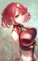 Rule 34 | 1girl, bare shoulders, blush, breasts, earrings, gloves, hair ornament, highres, jewelry, looking at viewer, nintendo, pyra (xenoblade), red eyes, red hair, short hair, signo aaa, simple background, smile, solo, tiara, xenoblade chronicles (series), xenoblade chronicles 2, xenoblade chronicles (series), xenoblade chronicles 2