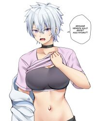 Rule 34 | 1girl, black choker, blue hair, breasts, choker, clothes lift, collarbone, commentary request, grey sports bra, hair between eyes, highres, indonesian commentary, indonesian text, jacket, large breasts, looking at viewer, midriff, multicolored hair, navel, open mouth, original, purple eyes, purple shirt, shirt, shirt lift, short hair, short sleeves, sidelocks, solo, speech bubble, sports bra, springveiv, standing, streaked hair, tomboy, translated, upper body, v-shaped eyebrows, white hair, white jacket
