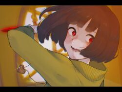 Rule 34 | 1other, :d, black border, blunt bangs, blunt ends, blush, blush stickers, bob cut, border, brown hair, chara (undertale), close-up, commentary, constricted pupils, crazy eyes, floating hair, green sweater, heart pendant, highres, holding, holding knife, holding weapon, incoming attack, jewelry, knife, letterboxed, locket, looking at viewer, loose hair strand, necklace, open mouth, parted lips, pendant, portrait, red eyes, reverse grip, smile, solo, sparkle, sweater, takekinoko, undertale, weapon, wide-eyed, window