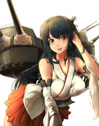 Rule 34 | 10s, 1girl, bare shoulders, black hair, blush, breasts, cannon, detached sleeves, fusou (kancolle), hair ornament, highres, japanese clothes, kantai collection, large breasts, long hair, nontraditional miko, open mouth, pekoneko, red eyes, revision, skirt, smile, solo, turret