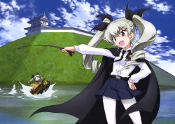Rule 34 | 10s, 1girl, :d, absurdres, anchovy (girls und panzer), anzio military uniform, anzio school uniform, architecture, black bow, black cape, black necktie, blue skirt, blue sky, bow, cape, day, dress shirt, drill hair, east asian architecture, girls und panzer, hair between eyes, hair bow, hand on own hip, head tilt, highres, holding, long hair, military, military vehicle, miniskirt, motor vehicle, necktie, official art, open mouth, outdoors, outstretched arm, pantyhose, pleated skirt, red eyes, school uniform, shirt, silver hair, skirt, sky, smile, solo, tank, twin drills, twintails, very long hair, white pantyhose, white shirt, yoshida nobuyoshi